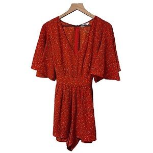 Jack by BB Dakota Women Red Floral V-Neck Flowy Sleeve Romper Size 4 Cottagecore
